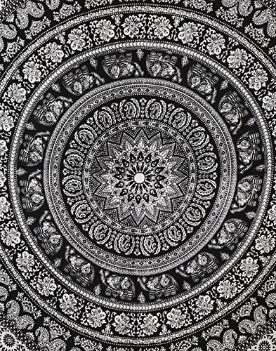 RAJRANG Boho Small Mandala Tapestry 60x50 Inches Black and White Aesthetic Elephant Tapestries Hippie Bohemian Cotton Wall Hanging Decor - color: Black & White, size: 60"L x 50"W