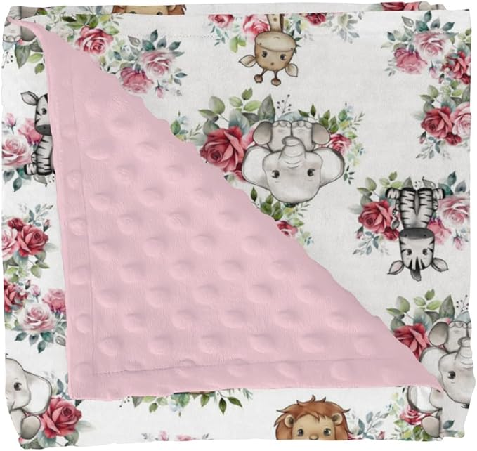 Cute Jungle Safari Animals Roses Leaves Baby Blankets for Girl Boy Lion Giraffe Elephant Zebra Soft Mink Dotted Backing Double Layer Swaddle Blanket Bed Throw for Newborn Infant Toddler Nursery 30x40