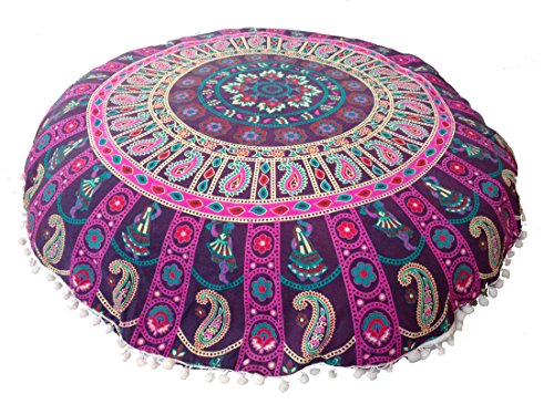 Rastogi Handicrafts 32" COR Mandala Floor Pillow Cushion Seating Throw Cover Bohemian Ottoman Poufs, Pom Pom Pillow Cases,Boho Indian (Purple 1) - color: Purple 1