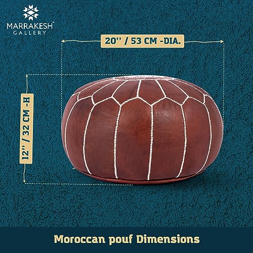 Marrakesh Gallery Genuine Leather Round Pouf Cover - Handmade Moroccan Ottoman Footstool, Unstuffed Footrest - Boho Decor - Bohemian Living Room, Bedroom, Kids Room - Housewarming Gift & Wedding - color: Dark Brown