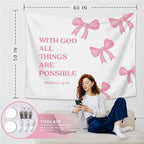 LIANGW Coquette Pink Bow Christian Tapestry Aesthetic, Coquette Preppy Room Decor for Teen Girls & Women, Wall Tapestry for Bedroom, Bible Verses Tapestries Wall Hanging 50x60 inche