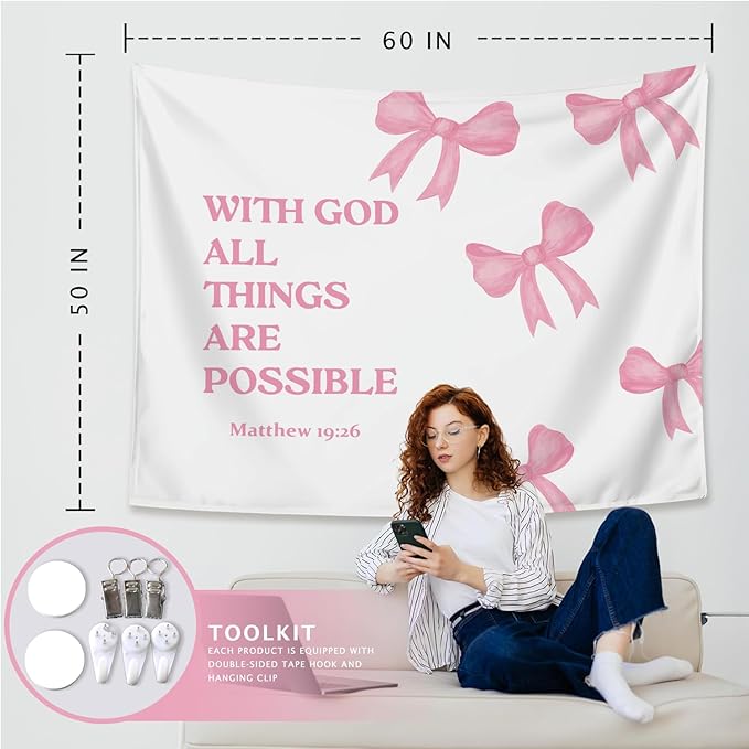 LIANGW Coquette Pink Bow Christian Tapestry Aesthetic, Coquette Preppy Room Decor for Teen Girls & Women, Wall Tapestry for Bedroom, Bible Verses Tapestries Wall Hanging 50x60 inche