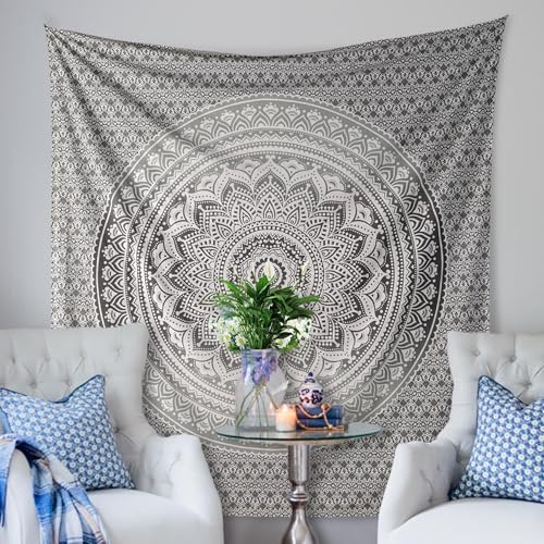 THE ART BOX Indian Cotton Grey Black Mandala Wall Hanging – Tapestry for Bedroom – Indie Wall Decor – Boho Small Tapestry Aesthetic 54x60 Inches - color: Grey and White, size: 60"L x 54"W