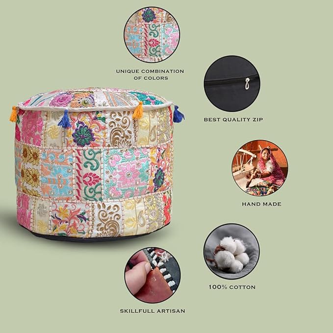 Aakriti Gallery Indian Pouf Footstool Ethnic Embroidered Pouf Cover, Indian Cotton Round Pouffe Ottoman Pouf Cover Pillow Ethnic Decor Art - Cover Only (Beige, 18x13)