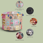 Aakriti Gallery Indian Pouf Footstool Ethnic Embroidered Pouf Cover, Indian Cotton Round Pouffe Ottoman Pouf Cover Pillow Ethnic Decor Art - Cover Only (Beige, 18x13)