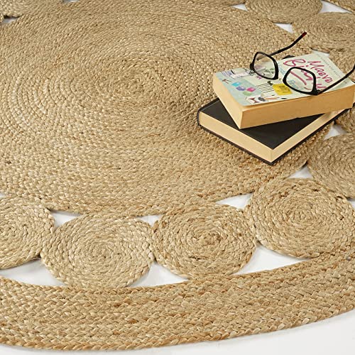 GRUHUM Jute Area Rug 4ft Natural Fiber Round Handmade Boho Charm Farmhouse Soft Bohemian Braided Reversible Rustic Vintage Rugs for Indoor Kitchen Bedroom Living Room Hallways Enterways(4'ft Round) - color: Natural- 28, size: 4' (Round)