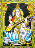 Goddess Saraswati batik sequins Cotton Wall Hanging yoga Painting : Size 43"x30" Inches - color: Saraswati
