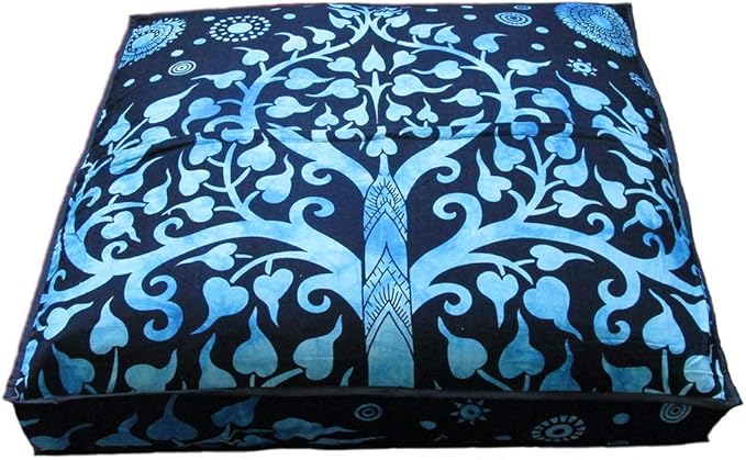 ICC Large Square Floor Pillow Cover Hippie Ottoman Pouf Cover Daybed Cotton Mandala Cushion Cover with Heavy Duty Zipper Seating Ottoman Poufs Dog-Pets Bed (Blue Elephant Tree, 35" Square)