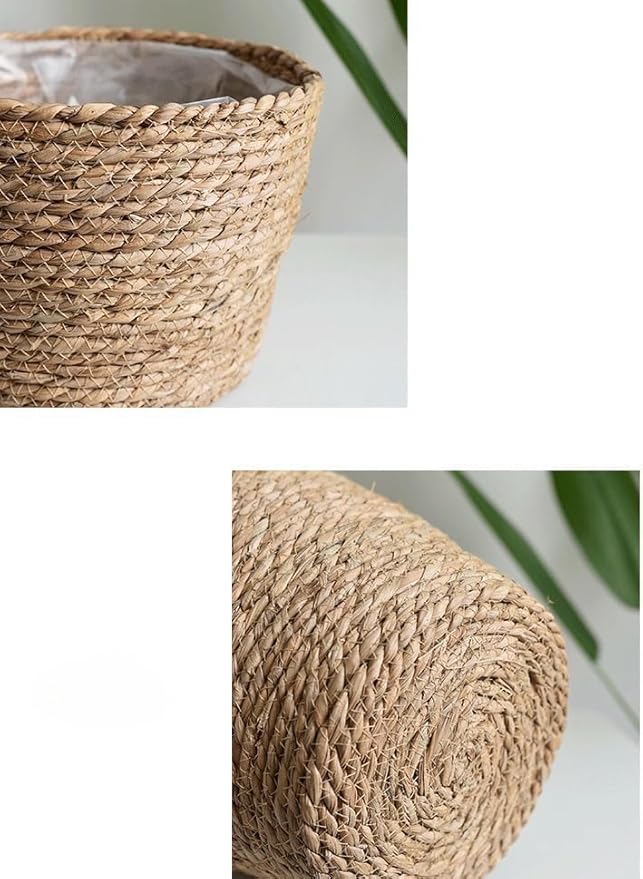 Seagrass Planter Basket Set With Plastic Lining Woven Storage Basket 7x6 In Indoor And Outdoor Plant Flowerpot Baskets Are Very Suitable For Flowerpot Covers. Natural Plant Containers (Large)