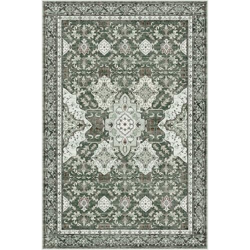 AMTOVO 6x9 Washable Area Rugs for Living Room, Non-Slip Boho Vintage Accent Medallion Print Pattern Carpet for Bedroom Dining Room Home Office Nursery Dorm Farmhouse, Dark Green - color: Dark Green, size: 6' x 9' (Rectangular)