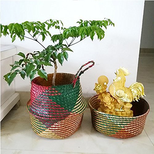 Natural Seagrass Basket - BESTCHANCEUS Seagrass Belly Basket with Handles Handmade Foldable Tote Basket for Storage,Laundry, Picnic, Plant Pot Cover, and Beach Bag Colorful 32x28CM - size: 32x28CM
