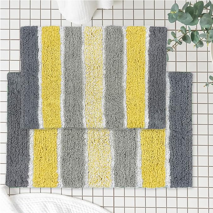 Chardin home Cordural Stripes Bath Mat, Set of 2 Bath Rugs (17 Inches x24 Inches & 21 Inches x34 Inches) | Non Slip Bathroom Rug, Machine Washable, Plush, Highly Absorbent | Yellow- Grey & White - color: Yellow-grey