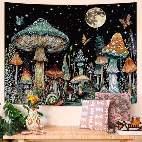 Accnicc Vintage Mushroom Tapestry Hippie Plant Butterfly Wall Tapestry for Bedroom Aesthetic Fantasy Moon Starry Night Snail Large Tapestries Wall Hanging for Dorm Living Room Decor 80 × 60 Inch - color: Black Blue, size: 80"L x 60"W