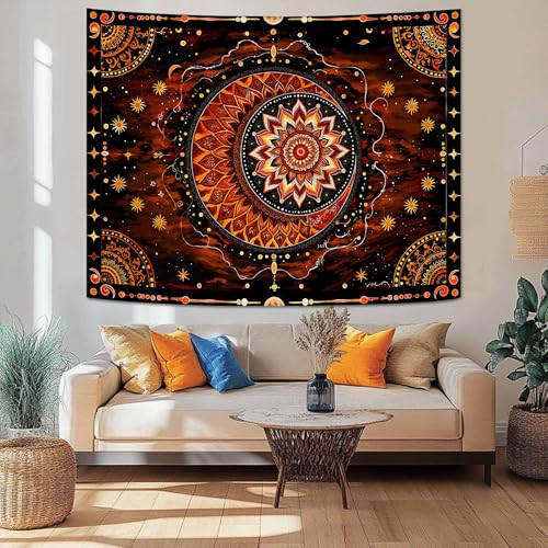 Wegklazax Celestial Mandala Tapestry, Sun Moon Floral Wall Art for Room Decor, Warm Bohemian Mystical Home Decor 60" L x 44" W - color: Red Yellow Black, size: 60"L x 44"W