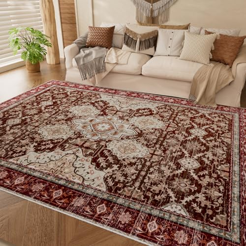 AMTOVO Area Rugs 5'x7' Washable Non-Slip, Vintage Boho Distressed Print Pattern Rugs for Living Room, Soft Low Pile Carpet for Bedroom Indoor Playroom Nursery Farmhouse Dining Room, Vintage Red - color: Vintage Red, size: 5' x 7' (Rectangular)