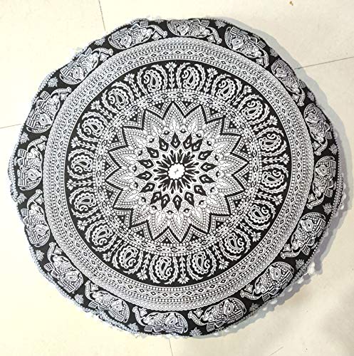 24" Black white Elephant Flower Mandala Barmeri Large Floor Pillow Cover Cushion Meditation Seating Ottoman Throw Cover Hippie Decorative Zipped Bohemian Pouf Ottoman Pom Pom Cases 24 " round - color: Black and White, style: 24 Inch Round