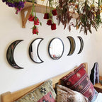 5 Pieces Scandinavian Natural Decor Acrylic Wall Decorative Interior Design Wooden Moon Phase Mirror Bohemian Wall Decoration for Home Living Room Bedroom - Not Real Mirror(Black)