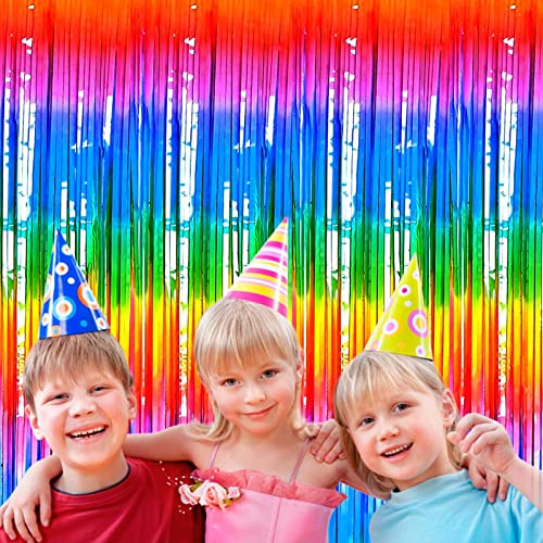 4 Pack Macaron Dark Rainbow Foil Fringe Curtain Backdrop, 3.28Ft x 8.2Ft Colorful Streamers Curtains for Party, Photo Booth Props, Birthday, 2022 Mother's Day Decoration Supplies - color: 4 Pack Dark Rainbow