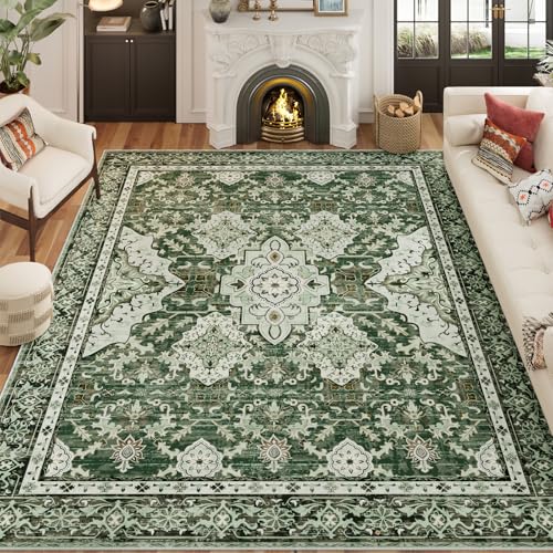 AMTOVO 6x9 Washable Area Rugs for Living Room, Non-Slip Boho Vintage Accent Medallion Print Pattern Carpet for Bedroom Dining Room Home Office Nursery Dorm Farmhouse, Dark Green - color: Dark Green, size: 6' x 9' (Rectangular)