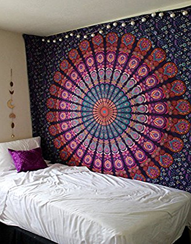 raajsee Indian Cotton Purple Tapestry Mandala Wall Hangings, Hippie Tapestries,Boho Throw Bohemian Bedding, Beach Blanket, Yoga Meditation Rugs Queen Bedspread Queen (82x92 Inches / 210x232 Cms) - color: Purple, size: 92"L x 82"W