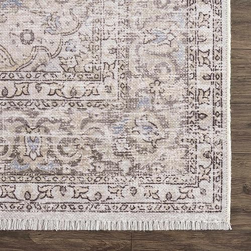 Hauteloom Wentworth Collection Antebi - Machine Washable Oriental Hallway, Entryway, Kitchen Runner Rug - Neutral Vintage Distressed Boho Style - Beige, Brown, Cream - 2'7"x7'3" - color: Beige, Slate Blue, Cream / Holli, size: 2'7" x 7'3" (Runner)