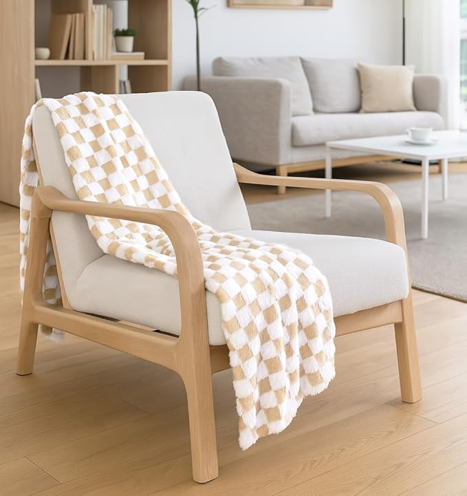 Beige & White Fuzzy Fuzzy Fun 3D Checkered Throw Blanket – Ultra Soft Shaggy Fleece for Cozy Comfort. Beautiful Gift for Women with Style 50 x 65 inches.