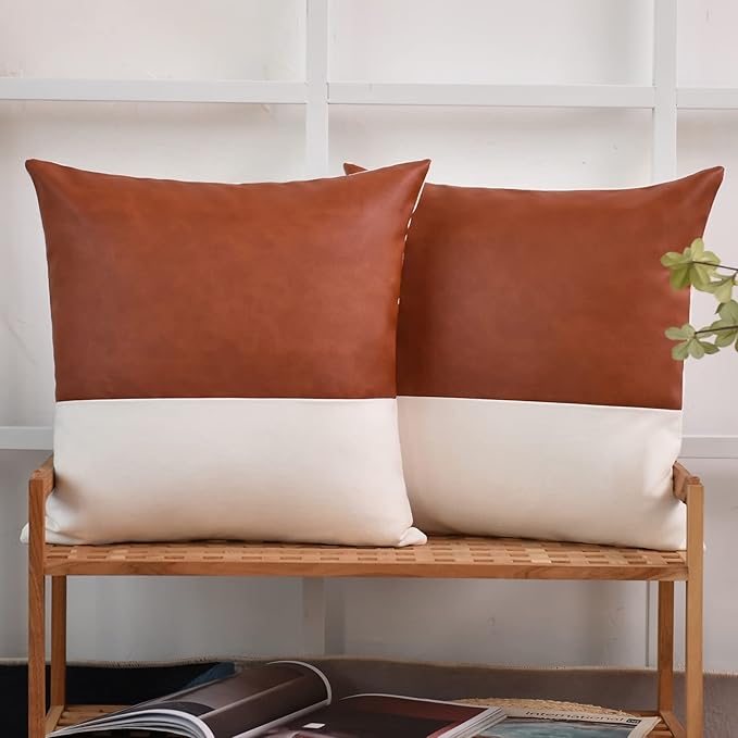 Tosewever Faux Leather/Cotton Throw Pillow Covers, Set of 2 Modern Country Farmhouse Decorative Luxury Boho Pillowcases for Bedroom Living Room Couch Bed Sofa Home Decor (Brown/White, 18" x 18")