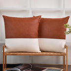 Tosewever Faux Leather/Cotton Throw Pillow Covers, Set of 2 Modern Country Farmhouse Decorative Luxury Boho Pillowcases for Bedroom Living Room Couch Bed Sofa Home Decor (Brown/White, 18" x 18")