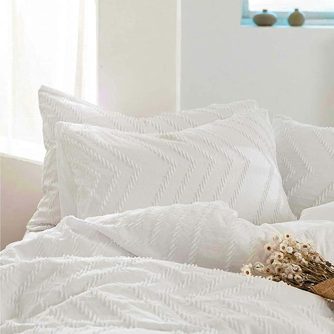 Nanko 2 Pack Standard Size Pillow Shams Set, White Boho Tufted Soft Microfiber Pillowcases，Modern Farmhouse Pillowshams for Men and Woman 20 x 26 Inch