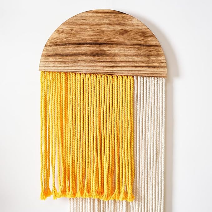 Macrame Wall Hanging, Boho Woven Tapestry, Modern Tassel Wall Decor, Handmade Wall Art Tapestry for Bedroom, Living Room, Home, Bohemian Apartment Decoration Ornament Craft (Yellow Semicircle)