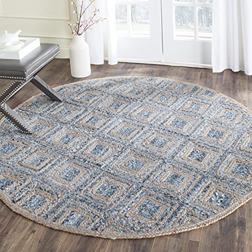 SAFAVIEH Cape Cod Collection 8' Round Natural / Blue CAP354A Handmade Flatweave Diamond Braided Jute & Denim Area Rug - color: Natural/Blue, size: 8' (Round)