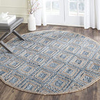 SAFAVIEH Cape Cod Collection 8' Round Natural / Blue CAP354A Handmade Flatweave Diamond Braided Jute & Denim Area Rug - color: Natural/Blue, size: 8' (Round)