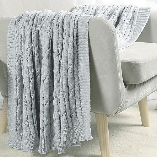 Carriediosa Cable Knit Throw Blanket Soft Textured Lightweight Farmhouse Decorative Throws Summer Knitted Woven Chenille Blankets for Couch Chair Bed Sofa, 60" X 80" Twin Size Light Grey - color: Cable Knit - Light Grey, size: 60" X 80"