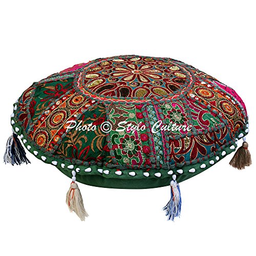 Ethnic Round Floor Cushion Seating Vintage Patchwork Pillow Cover Dark Green Small Throw Pillow Covers 18 x 18 Decorative Decor Seating Seat Pouf Cover Footstool Cotton Embroidered 1 Pc - color: Dark Green