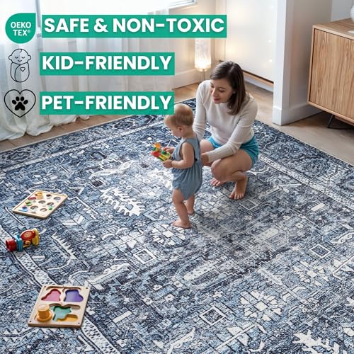 Bloom Rugs Washable Non-Slip 7 ft Runner - Blue Traditional Runner for Entryway, Hallway, Bathroom, and Kitchen - Exact Size: 2.5' x 7' - color: Blue, size: 2'6" x 7' (Runner)