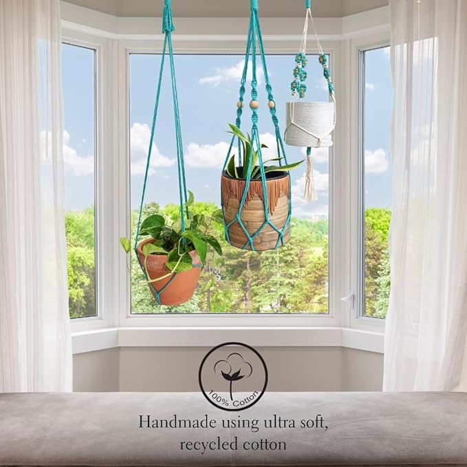Set of 3 Macrame plant hangers with Daisies & Beads Hanging plant holder Macrame Plant hangers outdoor and indoor hanging planters Plant stand indoor Boho Decor hanging planter stand (Ocean Teal)