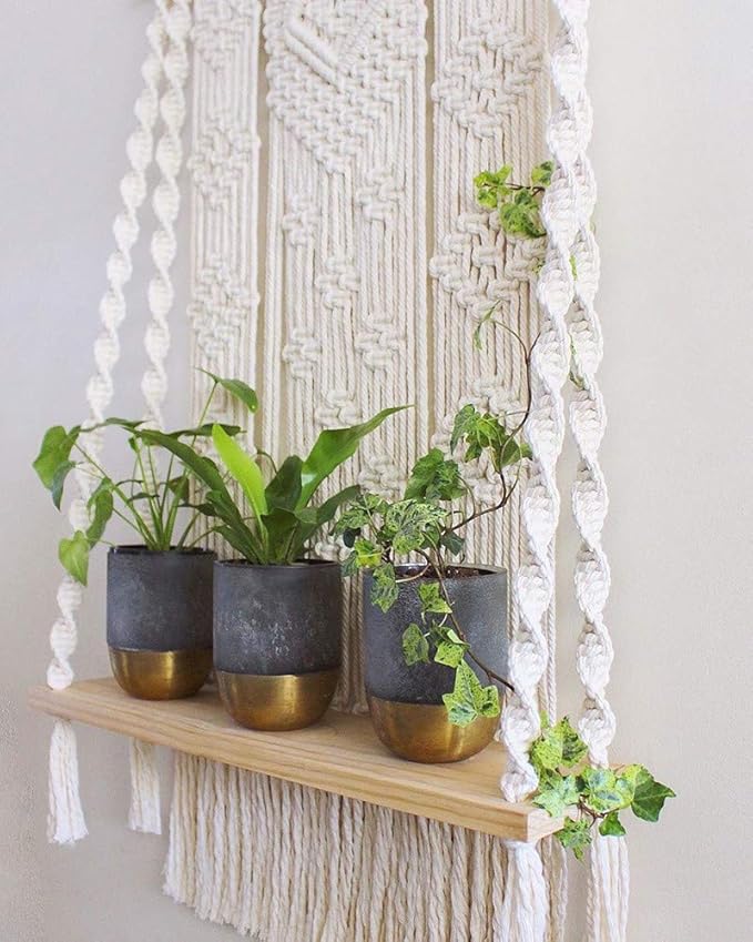 Macrame Wall Hanging Shelf, Handmade Indoor Boho Pot Basket Hanger Holder, Rope Plant Hanger for Wall Decor (White)