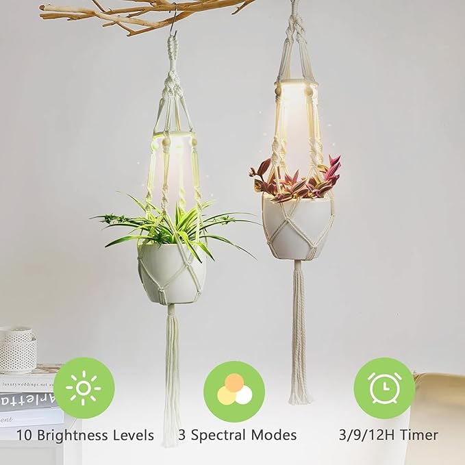 Grow Lights for Indoor Plants: Replacement Grow Light for Macrame Plant Hanger Full Spectrum Plant Light, with 3/9/12H Auto Timer Switch, 3 Colors,10 Dimming（Daylight Spectrum）