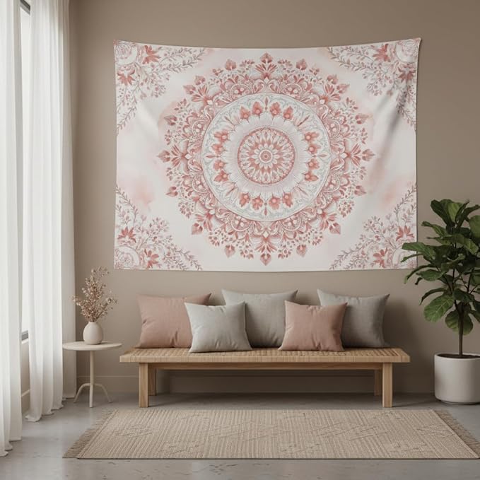 Accnicc Pink Floral Mandala Tapestry Wall Hanging Boho Medallion Tapestry Aesthetic Watercolor Flower Cute Small Tapestries for Bedroom Living Room Dorm Decor 48 x 36 Inch