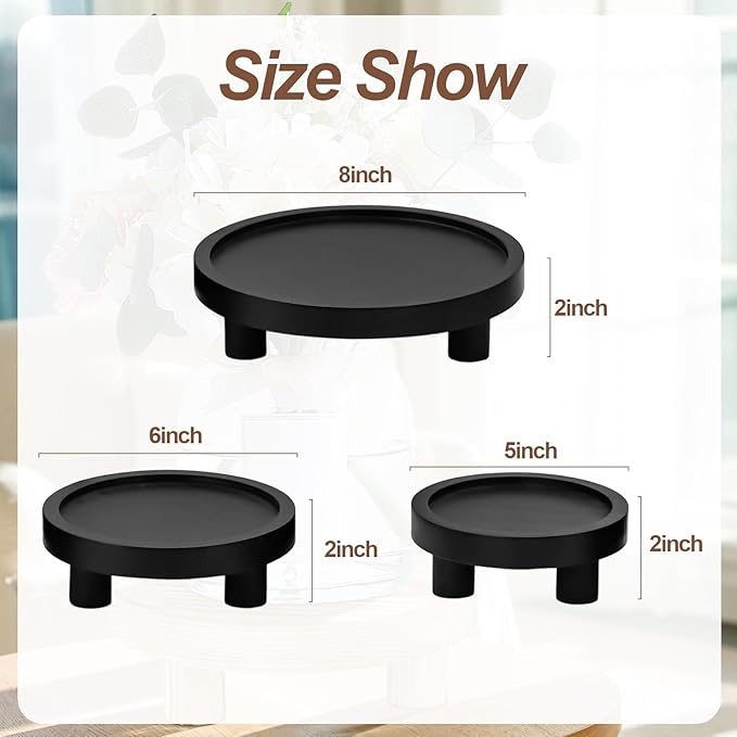 3 Pcs Wood Plant Stand Indoor Outdoor, Wooden Stool Display Stand 5/6/8" Round Riser Flower Pot Holder with Raised Edge Small Planter Tray Modern Potter Decorative for Garden Desktop Home Table Counter Room (Black)