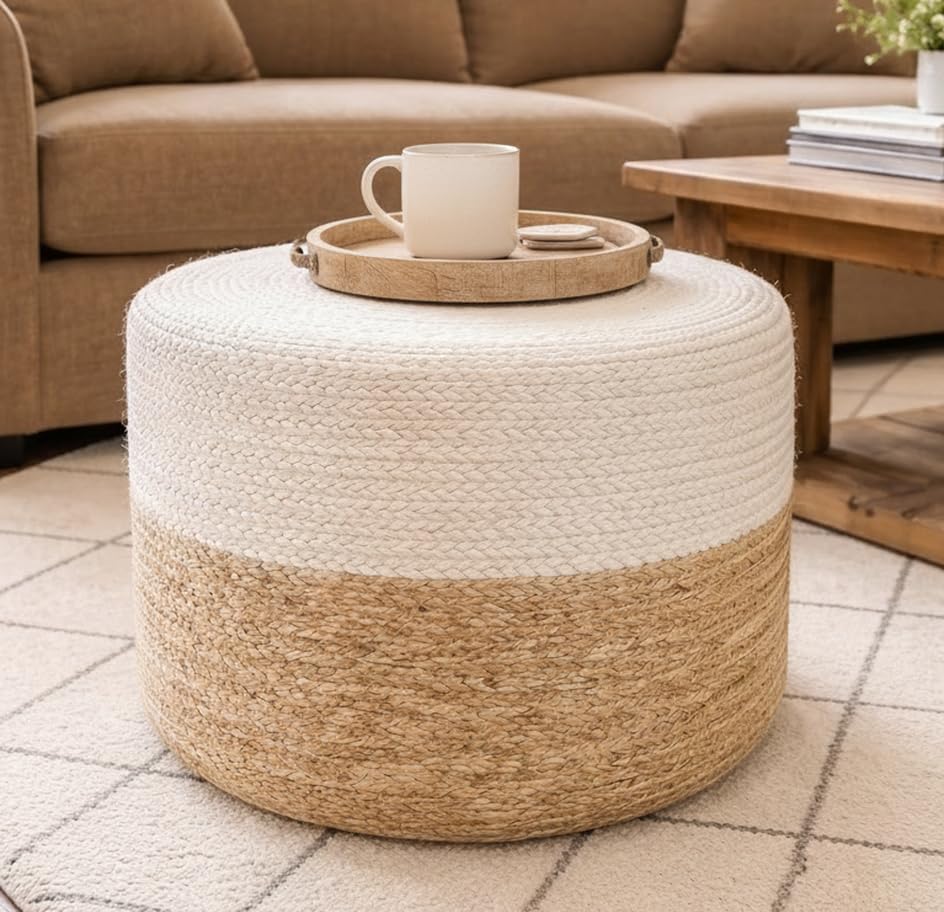 Jute Pouf Ottoman | Footrest Pouf | Hand Braided - Round Boho Pouffe - for Living Room, Bedroom, Nursery (18"x18"x12") Ivory - color: Ivory, size: 18"D x 18"W x 12"H