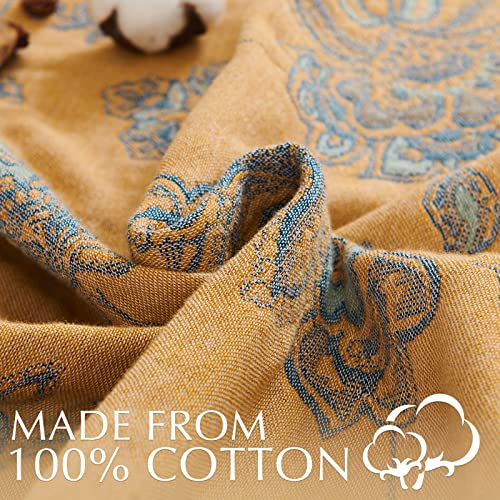 jinchan Boho 100% Cotton Muslin Twin Size 60x80 Inches Blanket Lightweight 4-Layer Quilted Soft Yellow and Blue Floral Throw Blanket Reversible Comfy Flower Breathable All Seasons Couch Bedroom Decor - color: Floral Yellow Blue, size: 60"x80"