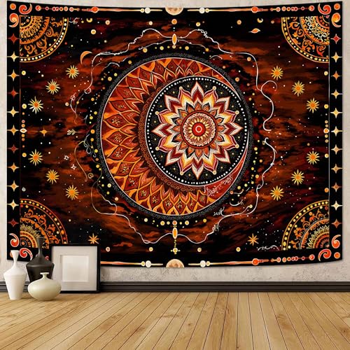 Wegklazax Celestial Mandala Tapestry, Sun Moon Floral Wall Art for Room Decor, Warm Bohemian Mystical Home Decor 90" L x 70" W - color: Red Yellow Black, size: 90"L x 70"W