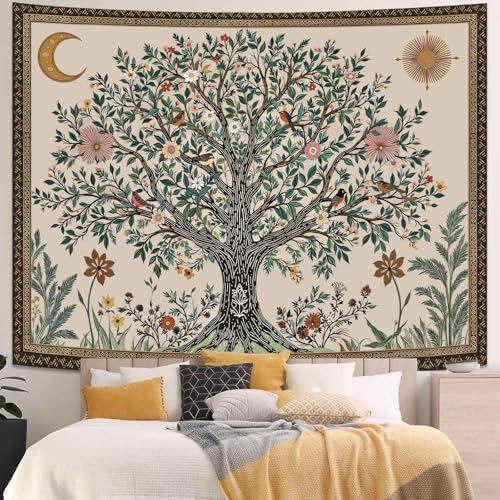 Spenlife Tree of Life Tapestry, Whimsical Floral Tapestries for Bedroom, Cottagecore Wall Decor, Nature Tapestries (60" x 44") - color: Green Ivory, size: 60"L x 44"W