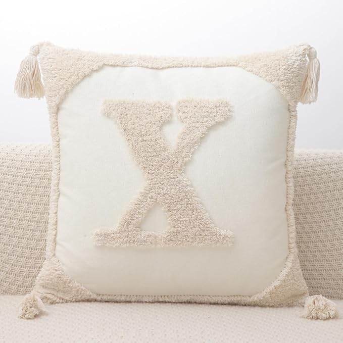 Monogram Pillow Covers with Tassels 18”x18” Modern Cotton Canvas Tufted Alphabet X Throw Pillow Covers for Sofa Couch Bed 26 English Letters Decorative Pillow Case for Sofa Throw Pillows