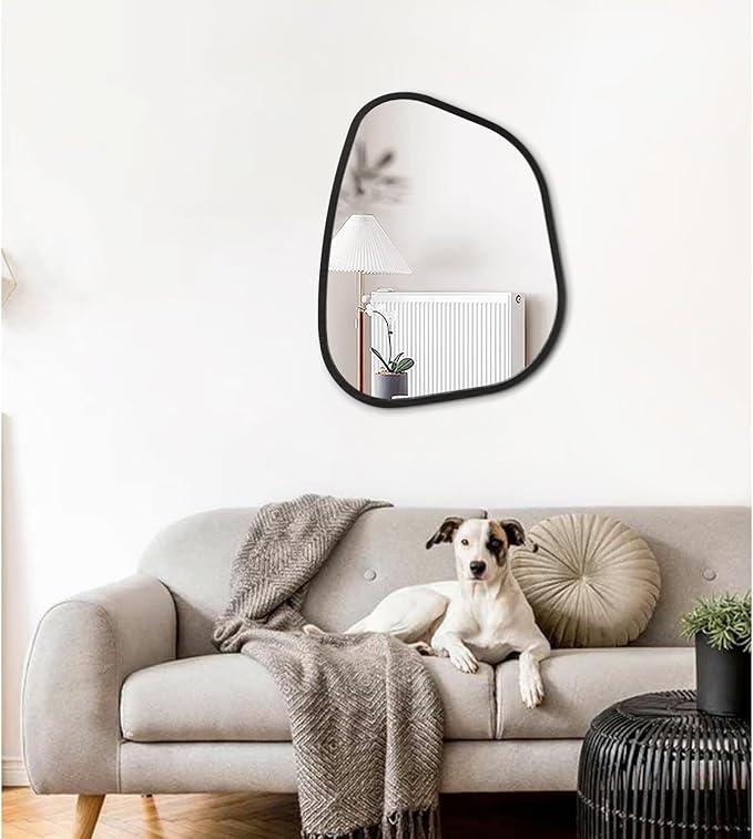 Irregular Wall Mirror Asymmetrical White Mirror Modern Wood Frame Unique Shape Wall Mounted Vanity Artistic Mirror Decor for Living Room Bedroom Bathroom Entryway Hallway 20"x16"