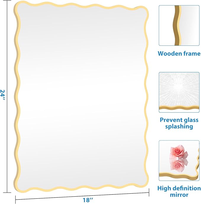 Gold Wavy Mirror Whit Wood Frame, 18" x 24" Small Rectangle Boho Mirror for Nursery Wall Decor, Bathroom Vanity, Bedroom, Living Room, Entryway