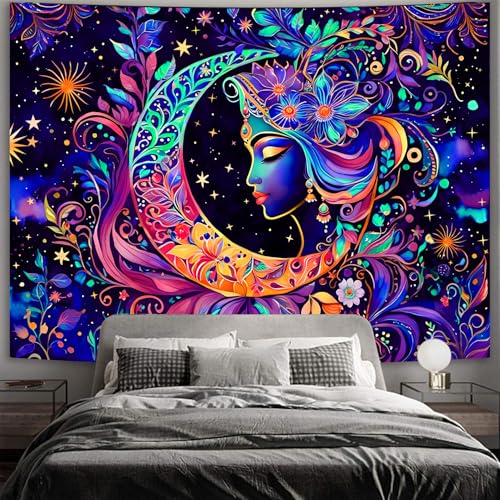 Simpkeely Blacklight Moon and Star Tapestry, Elegant Goddess UV Reactive Sun Mandala Wall Hanging Tapestries, Colorful Boho Aesthetic Tapestry for Bedroom, Living Room - 59.1" x 80" - color: Goddess, size: 80"L x 59.1"W