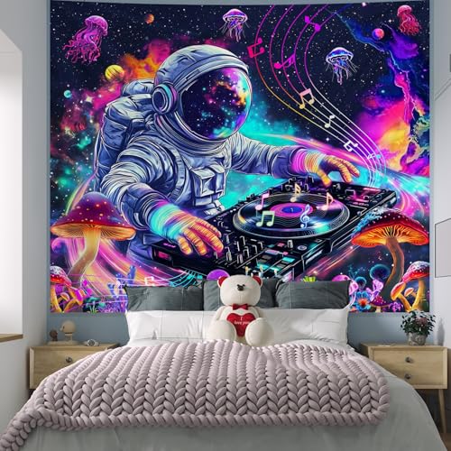 Apdidl Blacklight Space Astronaut Poster Tapestry for Bedroom, Black Light Cool Galaxy Funny DJ Music UV Reactive Tapestries, Glow in the Dark Universe Mushroom Plants Jellyfish Wall Hanging for Boys Men 60" x 79" - color: Space Blacklight Tapestry, size: