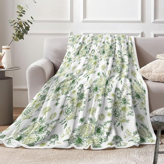 Green Floral Throw Blanket, Botanical Floral Blanket, Soft, Flannel, Warm, Boho Floral Bed Blanket All Season Floral Throw Blanket for Couch Bedroom Living Room 60X90 Inch